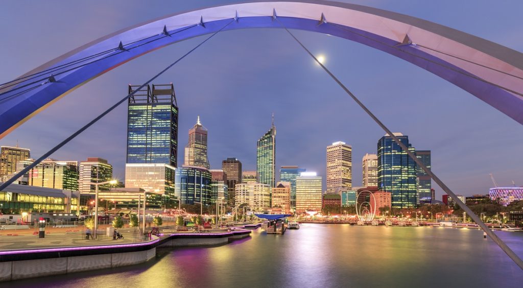 Elizabeth Quay, Perth, just after sunset, with the city lights in the background