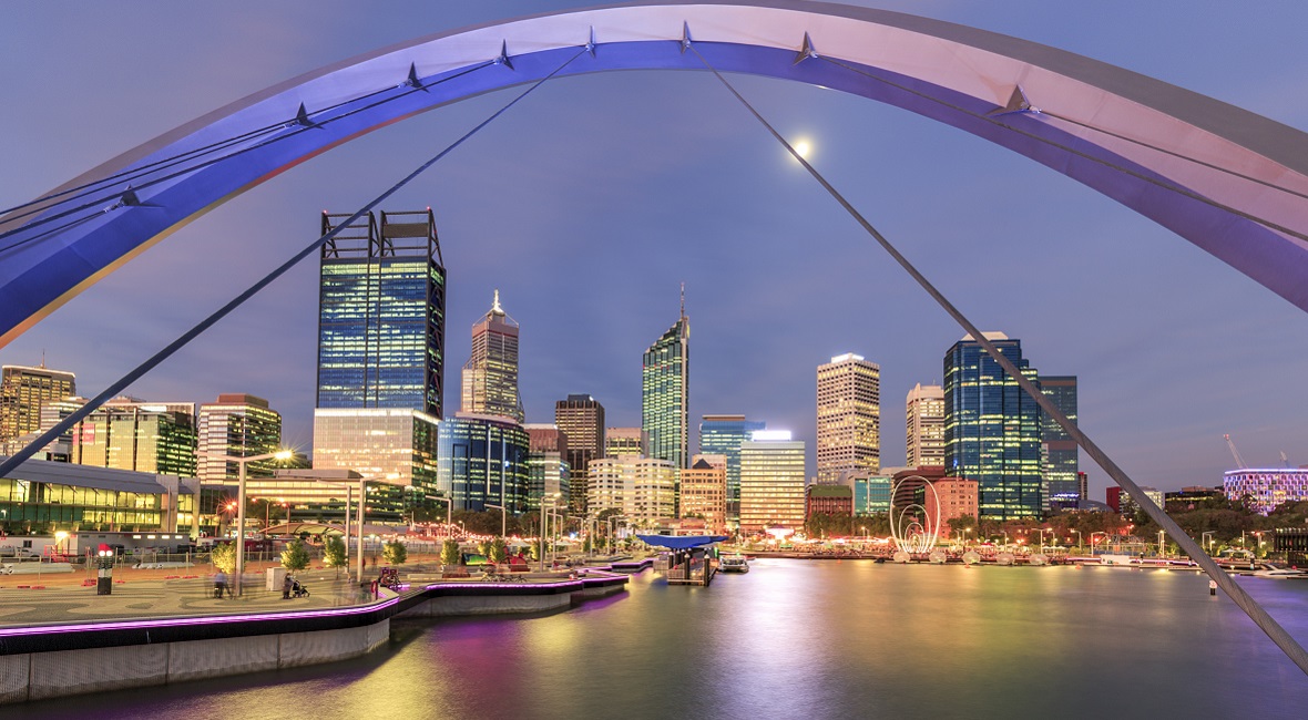 Elizabeth Quay, Perth, just after sunset, with the city lights in the background